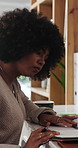 Thinking, notebook and businesswoman in office writing research for creative project with planning. Diary, professional and female magazine editor brainstorming for article publishing in workplace.