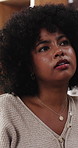 Remote work, thinking and black woman with idea for copywriting, story and planning for blog. Freelancer, creative and person with inspiration for article, trending topics and productivity in home
