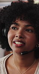 Remote work, talking and black woman with headset in home for consulting, client support and help. Wfh, happy and person with microphone for virtual assistance, online advisory and communication