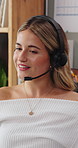 Remote work, talking and woman with headset in home for virtual assistance, client support and help. Wfh, happy and person with microphone for consulting, online advice and customer communication