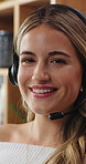 Happy, headset and face of woman for remote work for virtual assistant, client support and help. Wfh, consultant and portrait of person with microphone for consulting, online advice and contact us