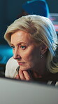 Hacker, woman and thinking in basement with computer, cyber attack or network breach for online fraud. Coworking, mature person and pc with internet scam, AI software and dark web for hacking system.