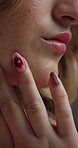 Manicure, skincare and woman in studio with soft face, beauty and natural facial glow for confidence. Nails, cosmetics and female person with dermatology for health or wellness by gray background.
