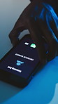 Phone call, screen and hands with sign for communication, connection and evening. Tech, person and digital app for online chatting, night and unknown contact for scam, fraud and cyber security