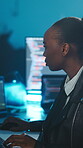 Hacker, woman and research in basement with computer, cyber attack or network breach for online fraud. Black person, reading and desktop with internet scam, AI software or dark web for hacking system