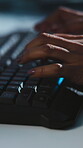 Hands, keyboard and typing at night for coding, web development or programming project in office. Woman, programmer or tech in workplace for update deadline, software engineering or cybersecurity