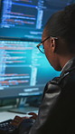 Woman, typing and programming with computer screen in office for research, software manual and coding. Person, tech and troubleshooting for update, website maintenance and debugging system of server
