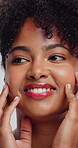Makeup, manicure and touch with woman in studio for smile, beauty and cosmetics. Self care, gel nail polish and salon set with female person on white background for happy and cosmetology