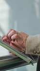 Hands, scrolling and tablet with business man in office for review of information or report. App, reading and research with employee in workplace for administration, decision or online planning