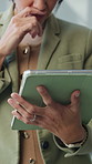 Hands, tablet and thinking with business woman in office for review of information or report. App, research and scrolling with employee in workplace for administration, decision or online planning