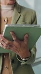 Hands, tablet and typing with business woman in office for review of information or report. App, research and schedule with employee in workplace for administration, decision or online planning