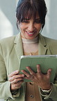 Business, woman and smile with tablet in office for research, email client and real estate. Happy, mature person and digital to review schedule, pricing property and online inquiry for resale listing