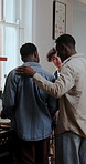 Back, friends and men in kitchen, cooking for lunch and support for healthy food, talking and smile. Hug, happiness and people in home, organic meal and weekend break for reunion, help or ingredients