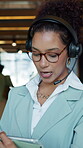 Telemarketing, woman and headset with tablet in office for needs assessment, finance offer and CRM. Sales, financial consultant and discussion on tech for upsell, product knowledge or explain service