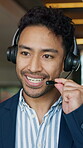 Telemarketing, call center and business man with offer, insurance policy or frustrated with feedback. Sales agent, headset or happy person talk to difficult contact, telesales or premium coverage