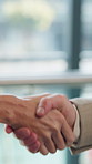 Agreement, handshake and space with business people in office for b2b deal or partnership. Collaboration, contract and meeting with employee team shaking hands in workplace for support or welcome