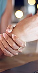 Hands, wrist pain or business person in office, joint inflammation or project pressure for tension. Laptop, bokeh or copywriter with carpal tunnel for discomfort, muscle sprain or proposal deadline