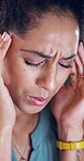 Headache, frustration and woman with massage, temple pressure and tension with discomfort. Scalp strain, fatigue and female person with migraine pain, inflammation and sore head with dizziness.