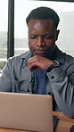 Frustrated, glasses or black man with laptop in office, negative project feedback or campaign reviews. Window, disappointed or marketer with pc to monitor launch, specs or audience comment reflection