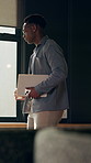 Arrive, coffee and laptop with business black man for hybrid work as web designer or developer. Computer, drink and walking with employee at desk in design workplace for start of job or project