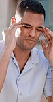 Stress, headache or business man in city, scheduling mistake or burnout for housing market pressure. Overwhelmed, migraine or realtor with temple massage for pain relief, town or property sale crisis