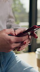 Texting, response or hands in office with phone, networking or project discussion in online communication. Digital, woman or employee with tech, schedule meeting and email feedback on virtual report.