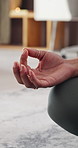Meditation, lotus pose and hands of woman in home for balance, mental wellness and health. Apartment, morning and person on floor for holistic healing, mindfulness and practice for peace and calm