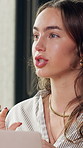Discussion, laptop and businesswoman in office for planning finance report with company budget. Meeting, computer and female financial advisor with conversation for investment proposal in workplace.