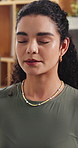 Woman, meditation and breathing exercise for wellness, home and eyes closed in living room. Person, awareness and mindfulness with holistic fitness with peace in morning, lounge or zen at apartment