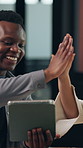Happy, business people and tablet with high five in office for teamwork or project success. Excited, employees or colleagues with smile or technology for winning, achievement or deadline in workplace