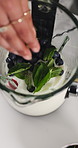 Hands, blender and fruit in home with mint for smoothie with wellness, detox or diet in kitchen. Person, appliance and above with organic banana, strawberry and leaves for nutrition at apartment