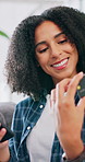 Phone, smile and woman in lounge, credit card for transaction and password for online shopping. Home, fintech and person on sofa, financial savings and purchase for ecommerce, bank app and investment