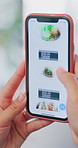Hands, phone screen or person in lounge, scroll for food delivery or online order with options. Home, contact us or tech for takeaways, choice or digital app for restaurant website or ecommerce