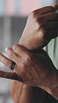 Man, hands and wrist pain with injury for arthritis, joint inflammation or workout accident in gym. Closeup, male person or sore arm with muscle tension or ache for fibromyalgia or exercise strain