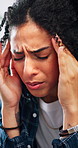 Headache, pain and woman in home, stress and exhausted with fatigue, tension and brain fog. Apartment, pressure and person in living room, migraine and dizzy with massage temple, sick and frustrated