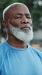 Senior black man, breathe and fitness in nature with vision, daydreaming and ideas for exercise. Bokeh, elderly person and smile with reflection, sports inspiration and retirement hobby for wellness
