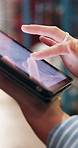 Tablet screen, data and hands in warehouse for shipping, logistics pricing or stock analysis. Tech, distribution worker and woman with inventory audit, scroll chart and supply chain info with flare