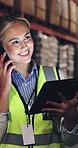 Tablet, phone call and woman in warehouse for distribution schedule, shipping or stock update. Technology, logistics and happy worker speaking to contact, inventory order and supply chain management