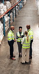 Logistics, review or team at depot with tablet, schedule update or stock control in supply chain. Above, people or courier staff with tech, inventory management or coordination in export warehouse.