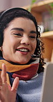 Laptop, remote work and support with happy woman in home living room for feedback or solution. Customer service, explain and headset with person in apartment for video call or virtual assistance