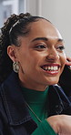 Smile, speaking and woman with phone call in creative agency, manuscript feedback or project update. Mobile, draft revision tips or screenwriter with production budget negotiation, story idea or talk
