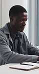 Business, black man and typing with laptop in office for research, editing article or email source. Person, proofreading or pc for draft update, copywriting report and information on story submission