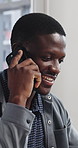 Smile, speaking or black man with phone call in office, manuscript feedback or creative project update. Mobile, draft revision tips or screenwriter with production negotiation, story pitch or talking