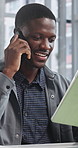 Business, phone call and black man with tablet in office for article, blog post and communication. Tech, content writer and happy person at work for talking, creative story and social media feedback