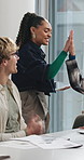 Happy, business people and tablet with high five in office for teamwork, congratulations or winning. Excited, group or employees clapping with smile or technology for good news or project success