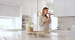 Woman, eating and dessert for breakfast in kitchen with healthy snack, nutrition and sweet treat. Female person, walking and detox with yogurt, protein diet and morning routine for wellness at house