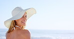 Travel, face or woman at ocean with hat, tourist vacation or positive attitude on seaside walk. Happy, portrait or female person at beach with accessory, holiday stroll or summer break in Australia.