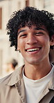 College, face or man on campus with laugh, knowledge or scholarship in study opportunity. Happy, education or student outdoor with confidence, university funding or academic development in Australia.