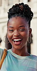 Face, student and black woman at university with laugh, higher education goals or pride for scholarship. Happy, person and outdoor at college for learning, skill development and opportunity to study.