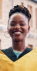 Face, excited or black woman on campus for graduation, celebration or pride for education milestone. Outdoor, portrait or student with happiness for college ceremony, achievement or academic success